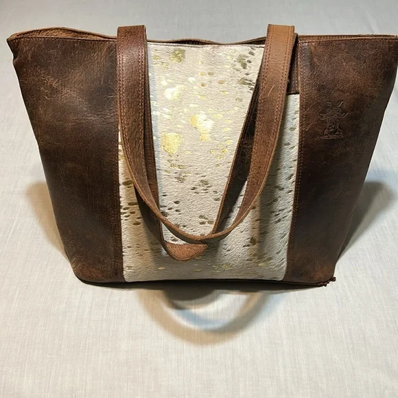 Crazy Heifers Large HOH (Hair on Hide) Tote with Gold accents on front. - Picture 3 of 11